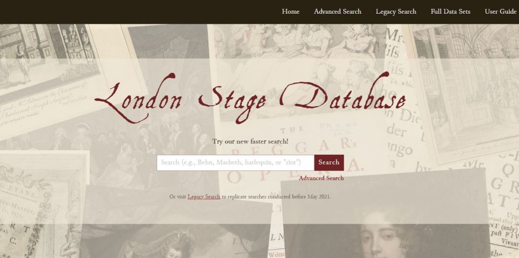 Screen capture of the landing page of the London Stage Database, which features a keyword search bar.