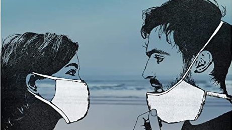 Cover art for an album by Daithi. Photorealistic line drawings of two people facing one another, one wearing a surgical mask over her nose and mouth, the other in the process of lowering or raising his own mask, nose and mouth exposed.