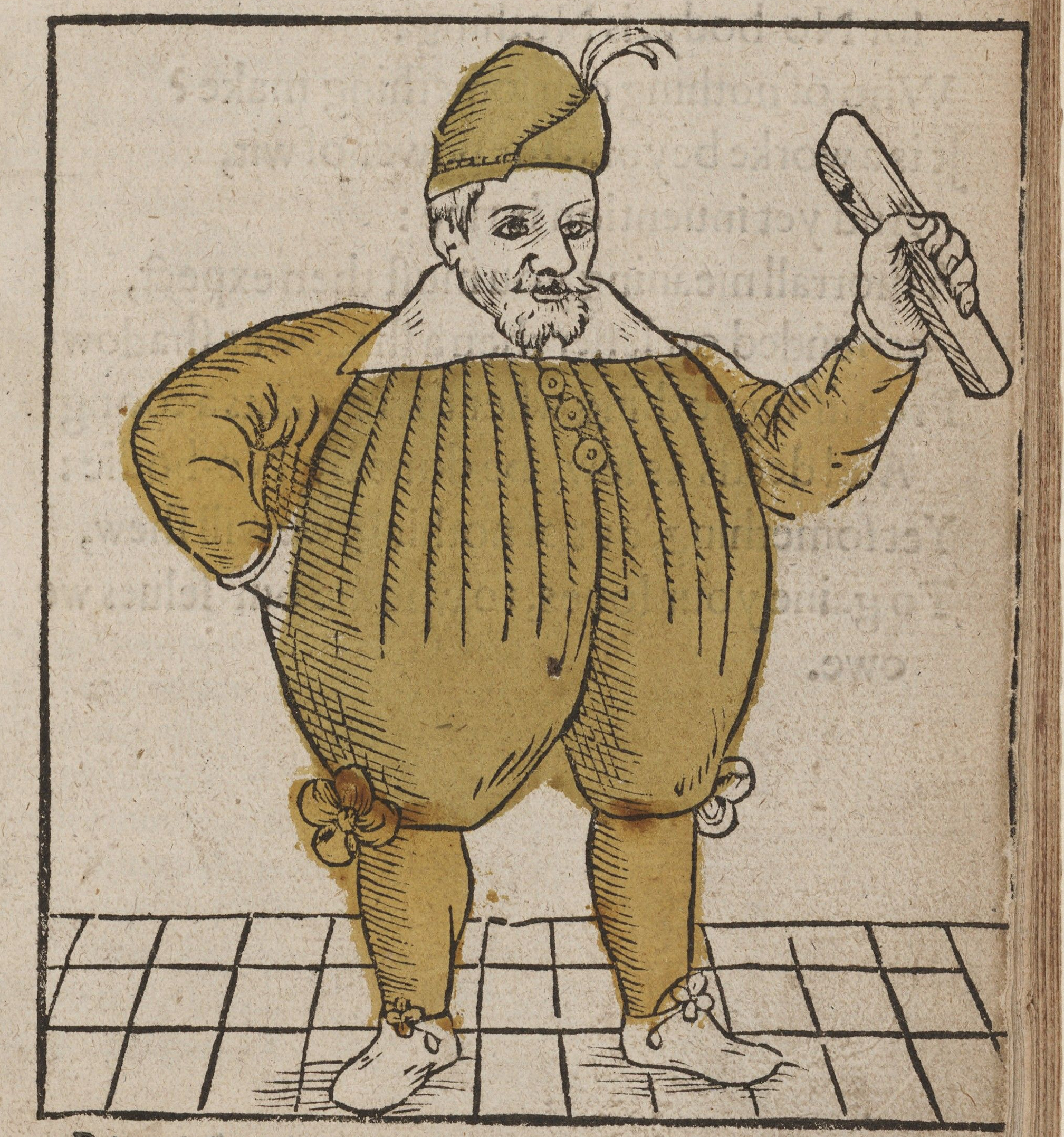 Illustration of a man with a beard, wearing large trousers that go up to his neck.