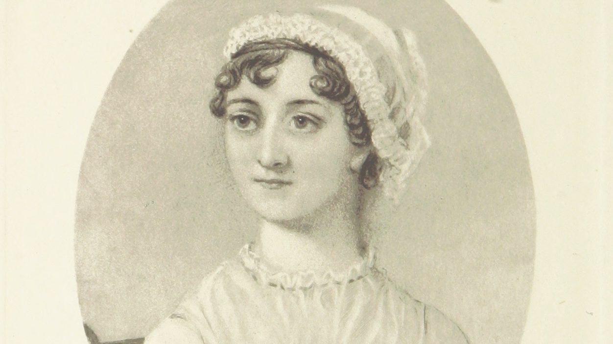 sepia-toned hand-drawn portrait of a young woman with large eyes and curly hair drawn up into a frilly bonnet